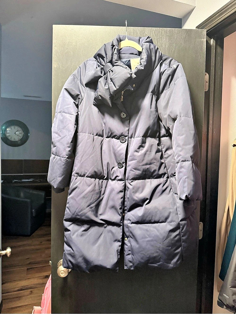 kate spade Long Puffer Coat in Navy Blue with bow
